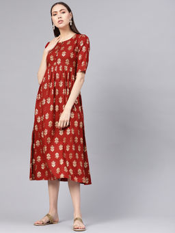 Gerua By Libas - Red Printed Rayon Fit And Flared Dress