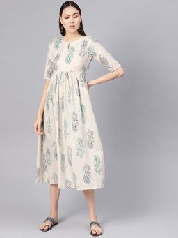 Gerua By Libas - Beige Printed Cotton Fit And Flared Dress