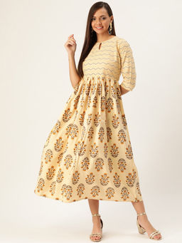 Gerua By Libas - Beige Cotton Block Printed Fit And Flared Maxi Dress