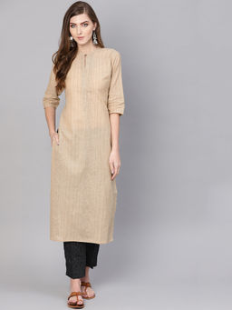 Gerua By Libas - Beige Stripes Cotton Self Straight Kurta