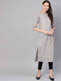 Gerua By Libas - Grey Stripes Cotton Self Straight Kurta