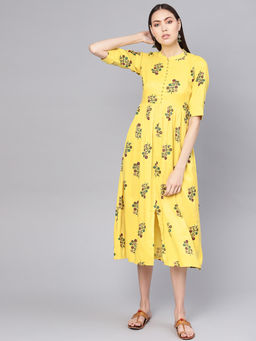 Gerua By Libas - Yellow Floral Cotton Fit And Flared Dress