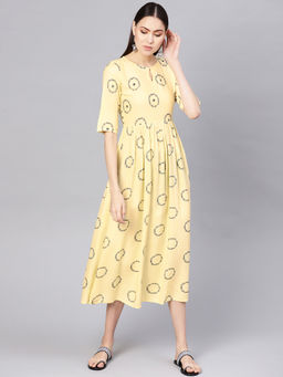 Gerua By Libas - Yellow Printed Rayon Aline Fit And Flared Dress