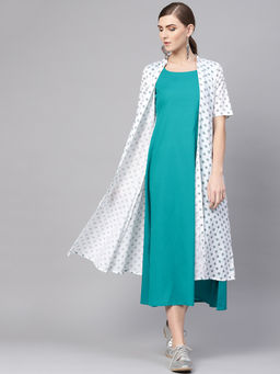 Gerua By Libas - Teal Printed Cotton Aline Dress With Long Shurg (Set of 2)