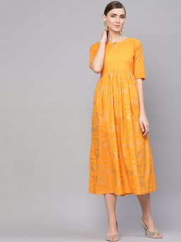 Gerua By Libas - Mustard Printed Cotton Fit And Flared Dress