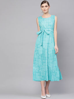 Gerua By Libas - Turquoise Checks Cotton A-Line Flared Dress