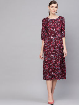Gerua By Libas - Maroon Floral Rayon Fit And Flared Dress
