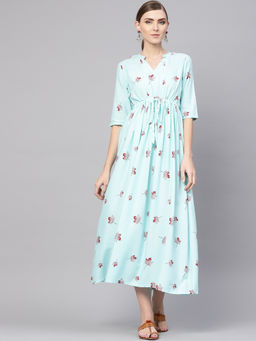 Gerua By Libas - Turquoise Printed Rayon A-Line Fit And Flared Dress