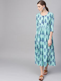 Gerua By Libas - Turquoise Floral Cotton Fit And Flared Pleated Dress