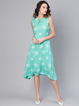 Gerua By Libas - Turquoise Printed Rayon Aline Dress