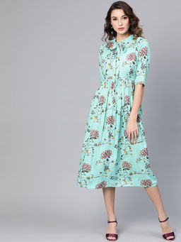 Gerua By Libas - Turquoise Floral Rayon Fit And Flared Dress