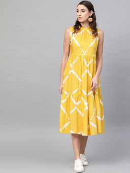 Gerua By Libas - Yellow Geometric Print Rayon Dyed Fit And Flared Dress