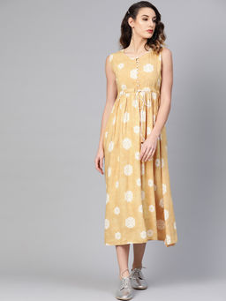Gerua By Libas - Brown Printed Rayon Fit And Flared Dress