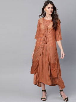 Gerua By Libas - Rust Stripes Rayon Dress With Long Shurg (Set of 2)