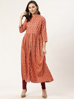 Gerua By Libas - Orange Rayon Block Printed Fit And Flared Maxi Dress