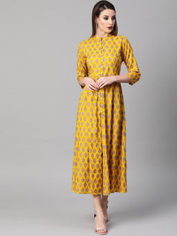 Gerua By Libas - Yellow Printed Rayon Fit And Flared Dress