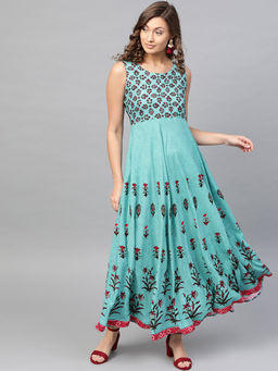 Gerua By Libas - Turquoise Floral Rayon A-Line Fit And Flared Dress