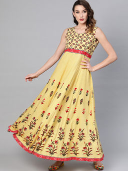 Gerua By Libas - Yellow Floral Rayon A-Line Fit And Flared Dress