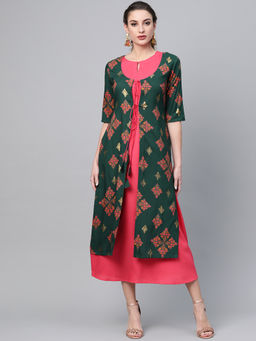 Gerua By Libas - Multi-Color Solid Rayon Dress With Long Shurg (Set of 2)