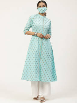 Gerua By Libas - Blue Cotton Printed Maxi Dress With Cotton Printed Mask (Set of 2)