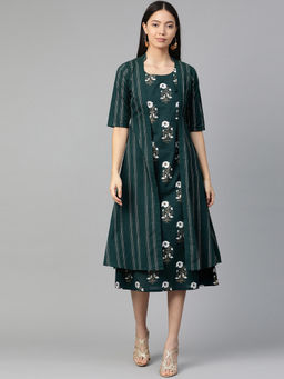 Gerua By Libas - Dark Green Rayon Printed Midi Dress With Rayon Long Ethnic Shrug (Set of 2)