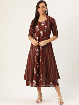 Gerua By Libas - Brown Rayon Printed Midi Dress With Rayon Long Ethnic Shrug (Set of 2)