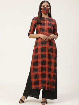 Gerua By Libas - Rust Rayon Printed Kurta With Rayon Printed Mask (Set of 2)