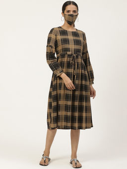 Gerua By Libas - Khaki Rayon Printed Midi Dress With Printed Mask (Set of 2)