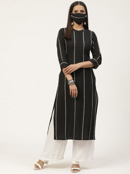 Gerua By Libas - Black Cotton Striped Kurta With Printed Mask (Set of 2)