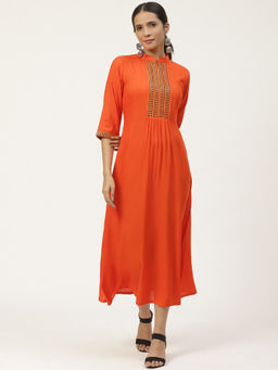 Gerua By Libas - Orange Rayon Embroidered Mirror Work Maxi Dress
