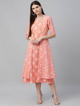 Libas - Peach Printed Casual Dress with Shrug (Set of 2)
