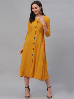 Libas - Yellow Embroidered Casual Dress with Dori