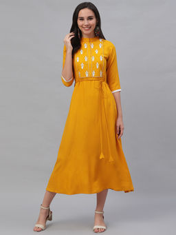 Libas - Yellow Embroidered Casual Dress with Dori