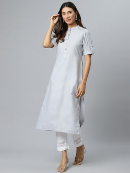 Gerua By Libas - Grey Cotton Solid Straight Kurta