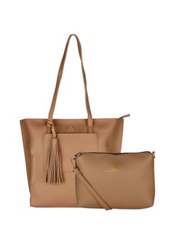 Gio Collection - Beige Tote Handbag With Pouch (Set of 2)