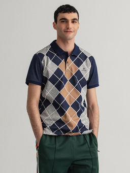 GANT - Men Blue Self Design Regular Fit Polo T-shirt