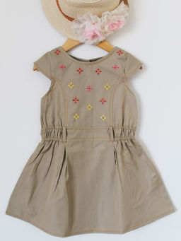 Woonie - Girls Embroidered Beige Denim Frock