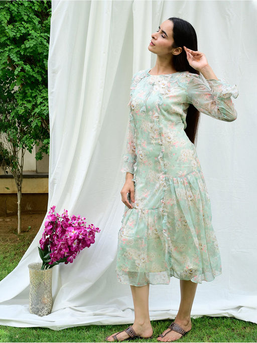 Buy GULABI DORI Mint Green Floral Chiffon Dress Online