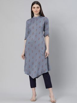 Gerua By Libas - Blue Rayon Printed A-line Kurta