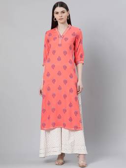 Gerua By Libas - Coral Rayon Printed Straight Kurta