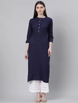 Gerua By Libas - Blue Rayon Solid Straight Kurta With One Side Pocket