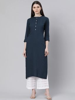 Gerua By Libas - Blue Rayon Solid Straight Kurta With One Side Pocket