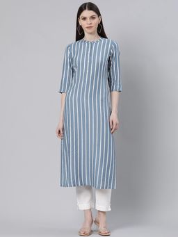 Gerua By Libas - Blue Rayon Stripe Straight Kurta