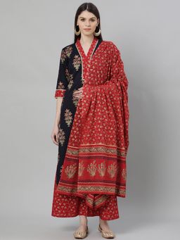 Gerua By Libas - Blue Cotton Printed Straight Kurta & Red Palazzo With Printed Dupatta (Set of 3)