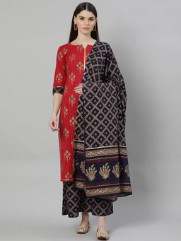 Gerua By Libas - Red Cotton Printed Straight Kurta & Blue Palazzo With Printed Dupatta (Set of 3)