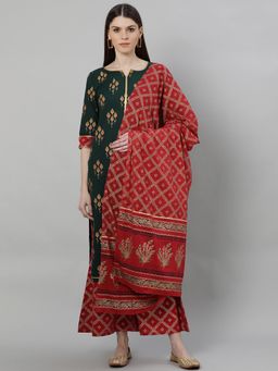Gerua By Libas - Green Cotton Printed Straight Kurta & Red Palazzo With Printed Dupatta (Set of 3)
