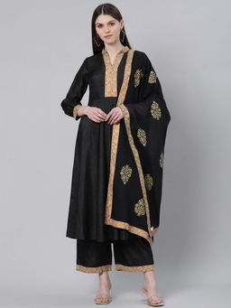 Gerua By Libas - Black Silk Solid A-line Kurta & Black Silk Palazzo With Printed Dupatta (Set of 3)