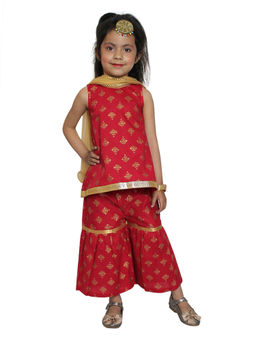 Woonie - Wear Red Printed Top And Sharara With Dupatta (Set Of 3)