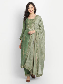 Biba - Green Unstitched Dress Material Suit (Set of 3)