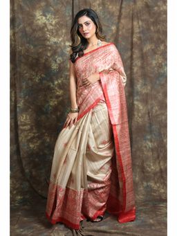 CHARUKRITI - Beige & Red Polka Design Pure Gheecha Tussar Saree With Unstitched Blouse